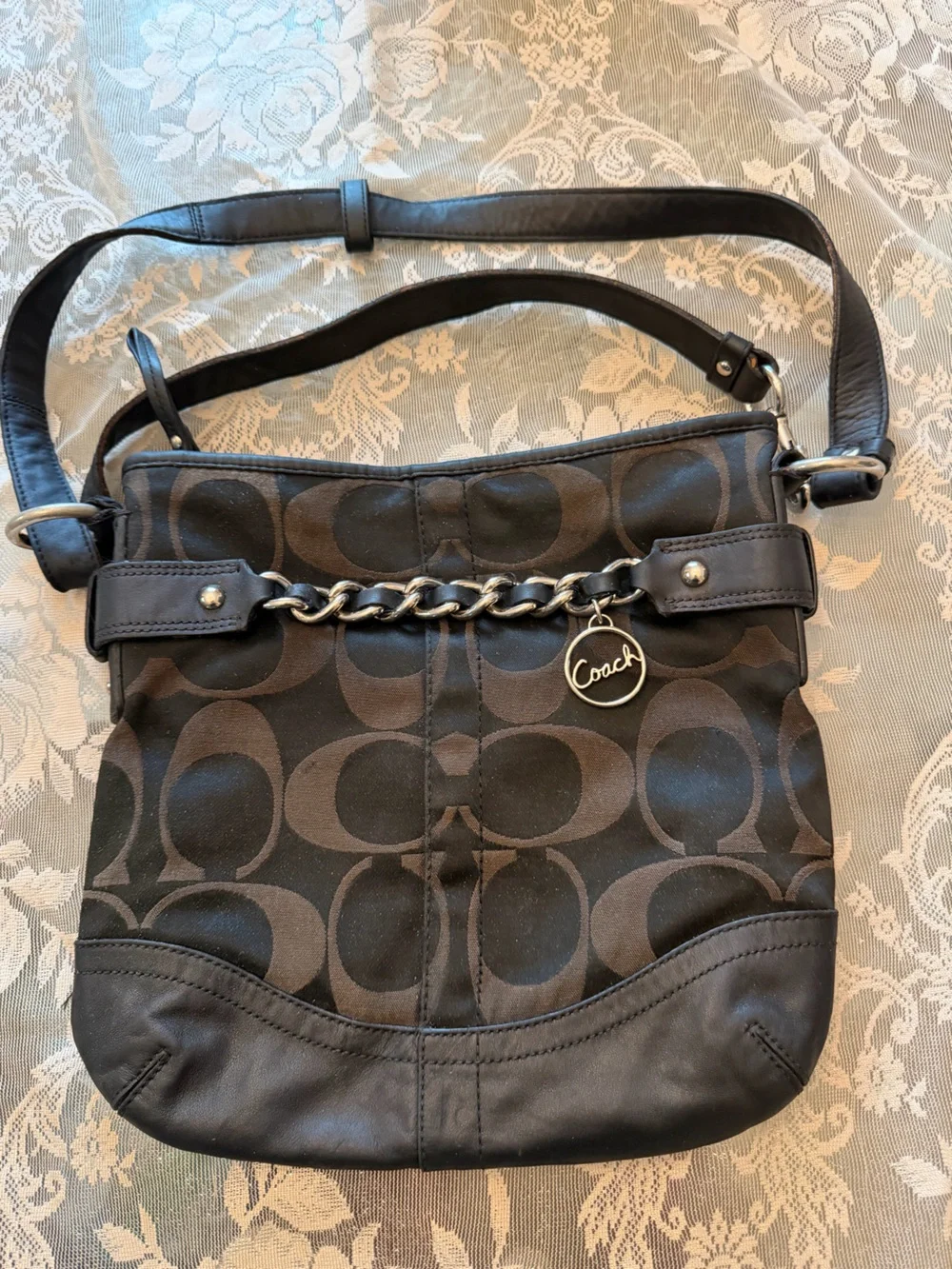 Coach Black and Brown Signature Canvas Shoulder Bag with Chain Accent